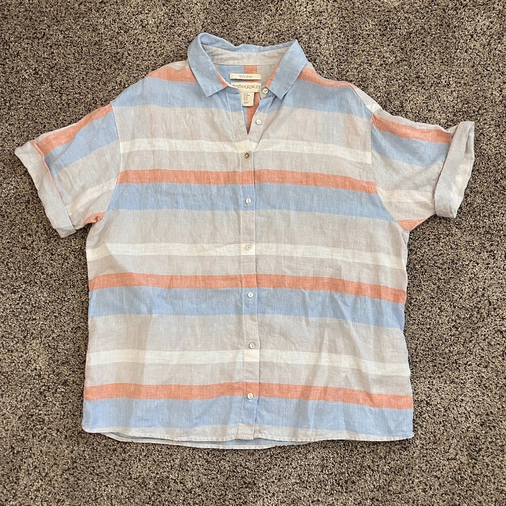 Cynthia Rowley 100% Linen Striped Cuffed Short Sleeve Button Up Shirt Medium
